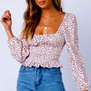 Princess Polly White Red Black Polka Dot Long Sleeve Smocked Crop Top NWOT 6